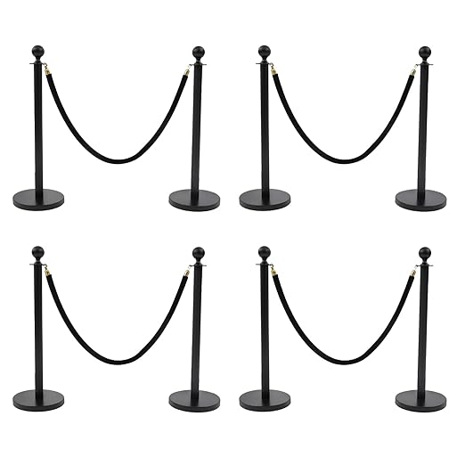8 Pack Black Stainless Steel Stanchion Post with 4pcs 5FT Velvet Ropes, Red Carpet Ropes and Poles, Metal Crowd Control Barriers with Ball Top and Base for Events Hotels Museums