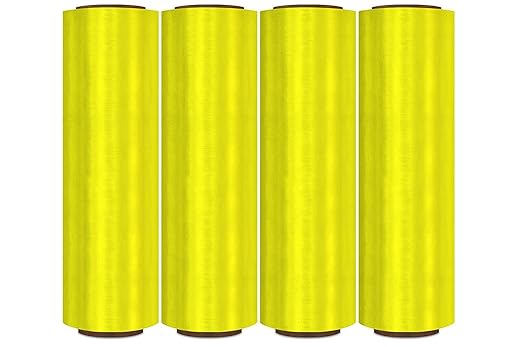 APQ 4 Rolls of Blown Hand Stretch Film 18" x 1500'. Yellow Hand Stretch Wrap, 80 Gauge. Tear Resistant Residue Free Film for Moving, Shipping, Wrapping. Industrial Grade Pallet Shrink Wrap Film.