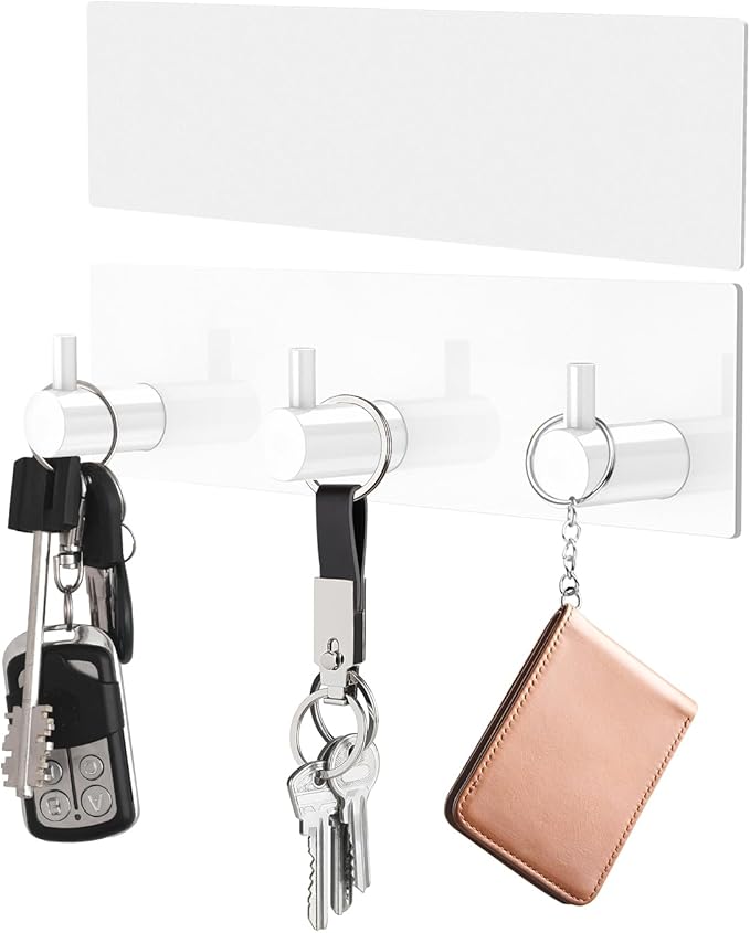 VIS'V Key Holder Wall Mount, Small Metal Self Adhesive Key Hanger with 3 Hooks, No Drilling, Extra Adhesive Strip, White