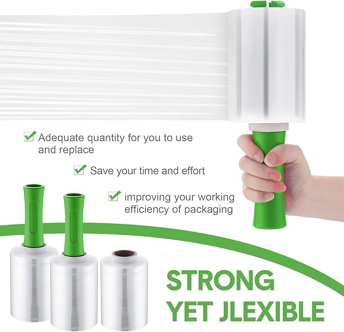Jutom 8 Pcs Stretchy Wrap Roll Plastic Wrap for Moving with 2 Handles 5" x 1000 ft Packaging Shrink Film Self Adhering Shipping Supplies for Moving Furniture Pallet (Green)