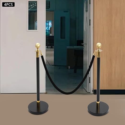 4Pcs Velvet Ropes and Stanchion Post, Black & Gold Stanchion Rope Set, Stainless Steel Stanchions Posts with Ball Top, Crowd Control Barriers for Shopping Malls, Exhibition Halls