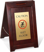 SmartSign Premium "Caution Wet Floor" Wooden A-Frame Standing Floor Sign with Symbol, 2-Sided, 24" x 15", Hardwood Pine Frame, 120 mil Brass ACM Sign Face, Black on Gold, Made in USA