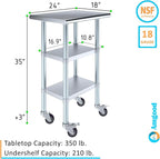AmGood Stainless Steel Work Table with 2 Shelves and Casters | Metal Utility Table On Wheels (Stainless Steel Work Table with 2 Shelves + Casters, 24" Long x 18" Deep)
