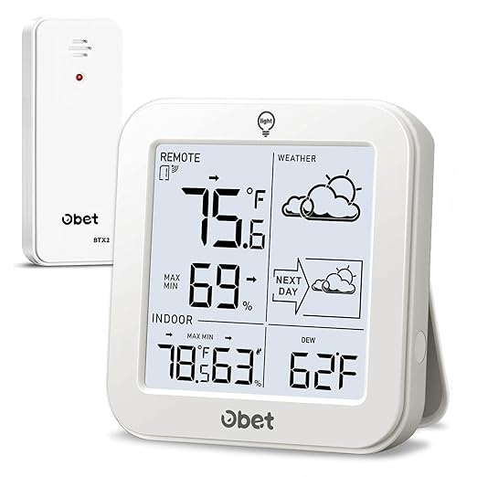 Indoor Outdoor Thermometer Wireless Weather Station, Battery Powered Inside Outside Thermometers Hygrometer Monitor with Backlight, Max/Min Record, Dew Point, Heat Index, Pressure (500 Feet)