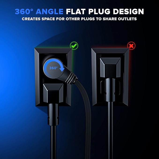 Maximm Cable 25 Ft 360° Rotating Flat Plug Extension Cord/Wire, 16 AWG Multi 3 Outlet Extension Wire, 3 Prong Grounded Wire - Black - UL Certified