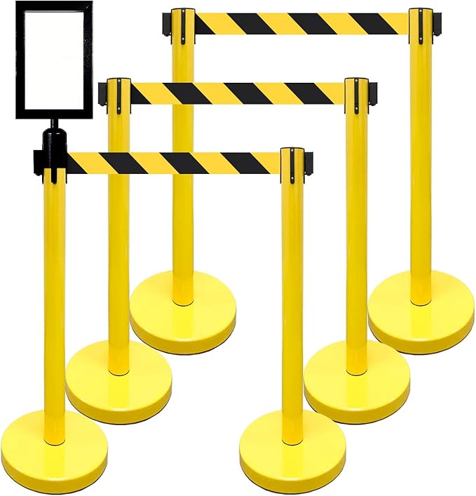 Retractable Stanchion, 6 SPECIALTY Posts + Signframe, 36" Ht, 78" Special Event & Holiday Theme Belt + Bonus Replacement Cassettes + Wall Receiver (YEL Post/Blk&Yel Belt)
