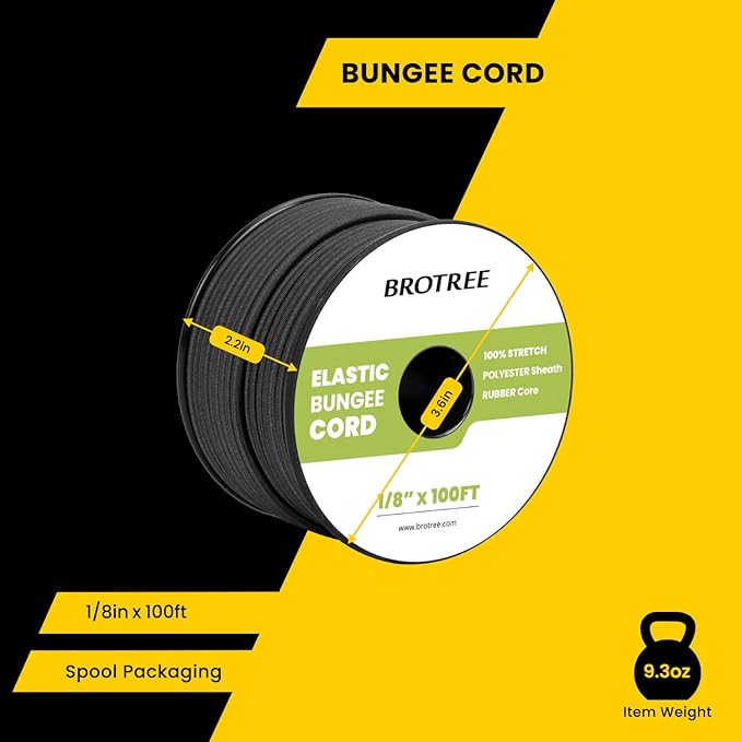 Bungee Cord Elastic Shock Cord 1/8" x 100' Bungee Rope for DIY, Tie Downs, Kayak and Outdoor - Black