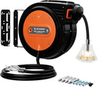 80FT Retractable Extension Cord Reel, 14 AWG/3C SJTOW Heavy Duty Power Cord with Lighted Triple Outlet, 13A Circuit Breaker, 180° Swivel Wall/Ceiling Mount Retractable Cord Reel, ETL Listed, Orange