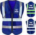 YOWESHOP High Visibility Safety Vest Custom Your Logo Protective Workwear 5 Pockets With Reflective Strips Outdoor Work Vest (2XL, Navy Blue Luminous)