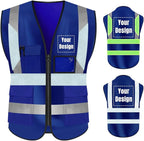 YOWESHOP High Visibility Safety Vest Custom Your Logo Protective Workwear 5 Pockets With Reflective Strips Outdoor Work Vest (S, Navy Blue Luminous)