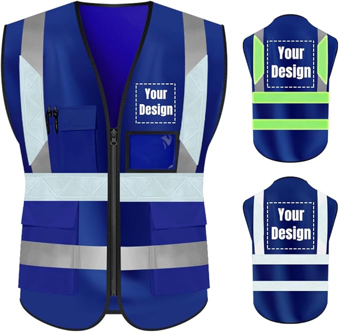 YOWESHOP High Visibility Safety Vest Custom Your Logo Protective Workwear 5 Pockets With Reflective Strips Outdoor Work Vest (S, Navy Blue Luminous)