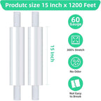 2 Rolls Stretch Film Wrap with Handles 15"x 1200ft, Heavy Duty Clear Plastic Wrap, Shrink Wrap for Pallet Wrap, Moving Furniture, Suitcases, Donations & Storage, Stretch Wrap for Shipping & Travel