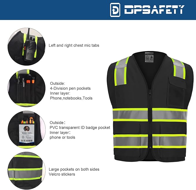 9 Pocket Hi Vis Safety Vest with Reflective Strips - Zipper Construction Work Vest for Men & Women - Black, 3XL