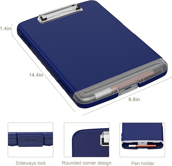 Piasoenc Clipboard with Storage, 8.5 x 11 Organization Box with Pen Holder and A4 Legal Paper Folder, Heavy Duty Plastic, Folio & Side-Opening, Low Profile Clip for Nurses, Teachers,Navy Blue
