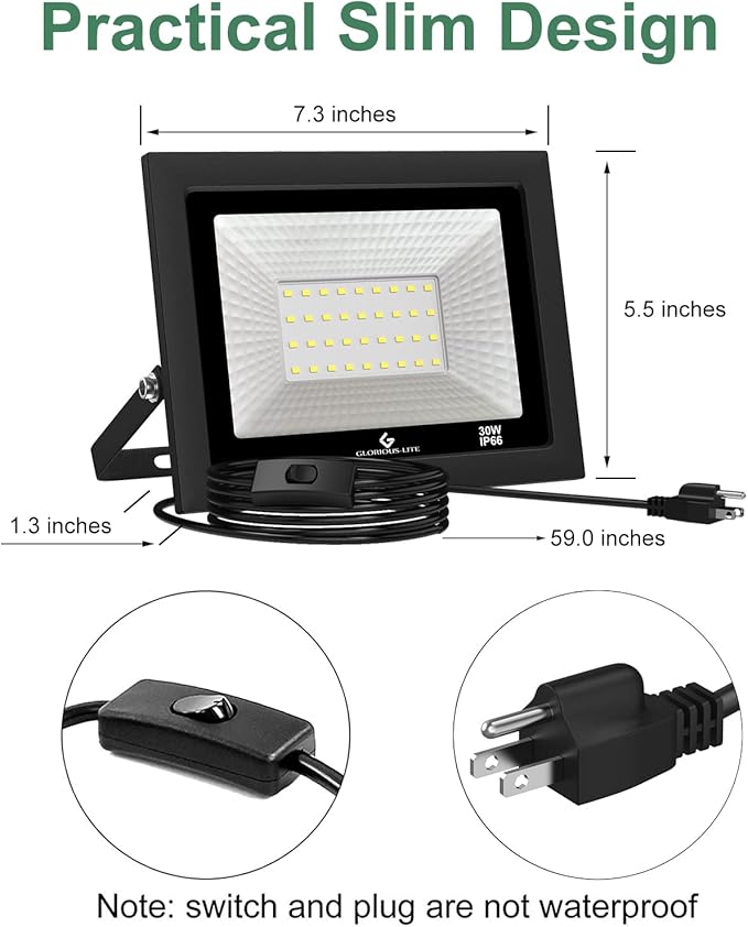 GLORIOUS-LITE LED Flood Lights Outdoor, 100W 10000LM Outside LED Work Light with Plug, 6000K Daylight White, IP66 Waterproof Portable Spot Security Lights for Garage, Yard, Garden, Playground(2 Pack)