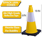 BESEA 6Pack 18 Inch Yellow Traffic Cones with 6 Inch Reflective Collar, Heavy Duty PVC Safety Cones with 10.5 x 10.5 Inch Base for Parking, Driving Practice, Sports Training, and Construction