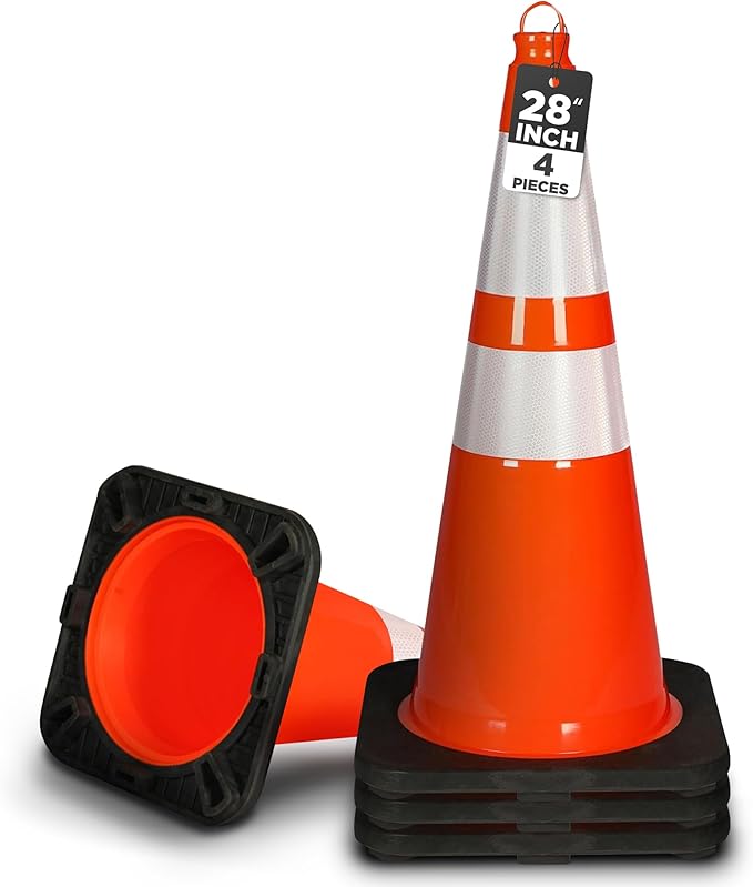 Pyle 28-Inch Safety Traffic Cones, 4-Pack Orange Parking Cones with Reflective Collars, Stackable PVC Construction for Roadwork, Sports Training & Events, Solid High-Density Base for Stability
