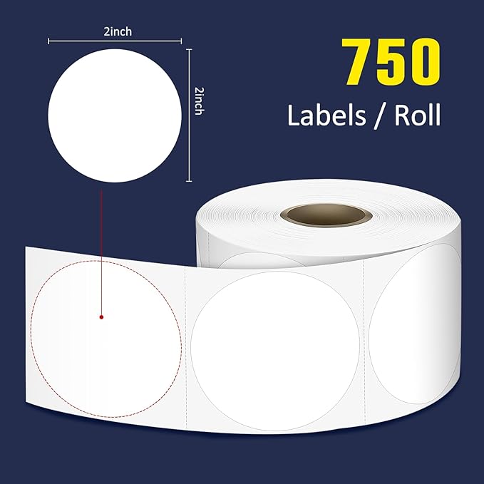 L LIKED 2" Round Direct Thermal Labels for Block, Permanent Adhesive Circle Label & Compatible with Rollo, Zebra and Other Desktop Printers (10 Roll, 7500 Labels)