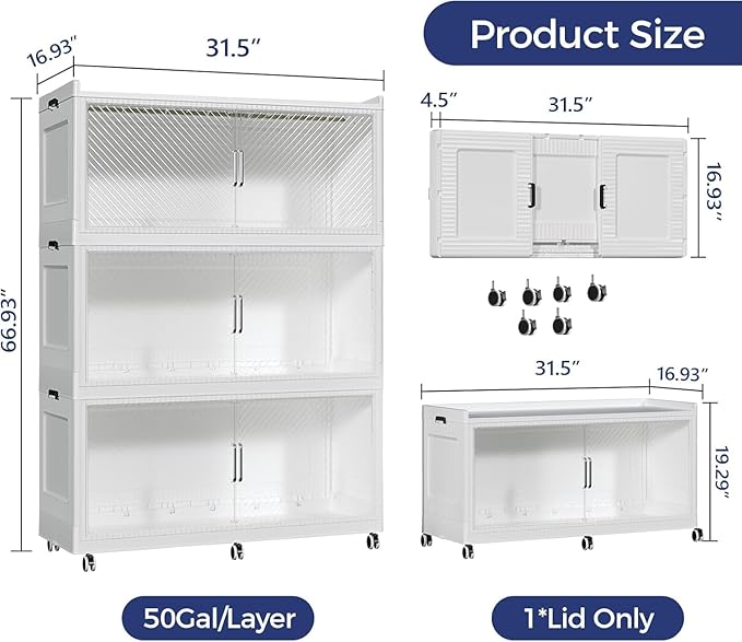 150Gal Extra Large Stackable Storage Bins with Lid, 600Qt Collapsible Storage Box with Wheels, Closet Organizers and Storage Cabinet Container for Home, Kitchen, Office, 3Pack White Clear