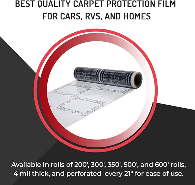 HI-TECH Clear Adhesive Car Carpet Protector Film Roll – 24" x 300' – 6mil Disposable Sticky Floor Mat Cover – Perforated Sheets – Auto Detailing, Service, Personal Use