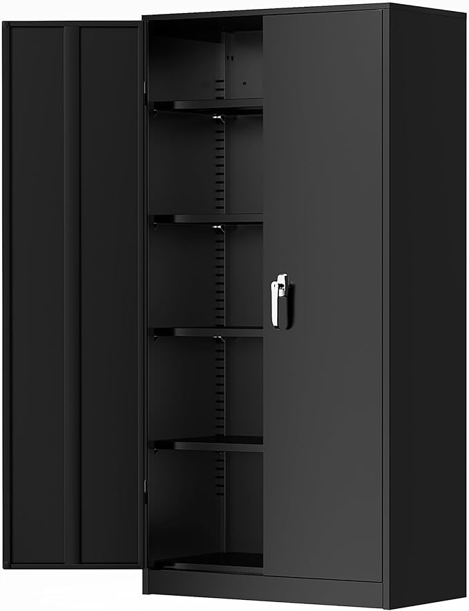 Greenvelly Metal Storage Cabinets 72” Black Garage Steel Storage Cabinet with Doors and Shelves, Metal Tool Cabinet, Steel File Cabinet for Home Office, Basement, Warehouse, Classroom（Anti Tipping）
