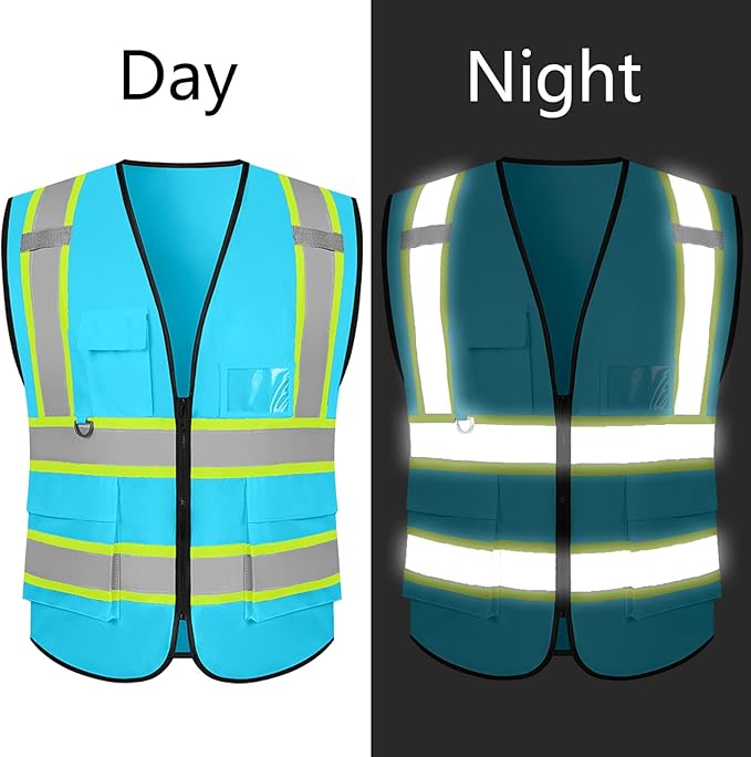 Safety Vest Customize Logo with 5 Pockets & Zipper Reflective High Visibility Vest Class 2 Outdoor Workwear
