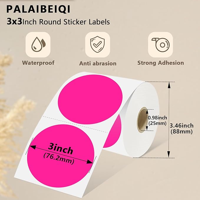 3 X 3 Inch Round Thermal Labels Circle Color Coding Labels Printable Waterproof 500PCS Round Stickers Adhesive Writable for Home, Garage, DIY Sticker, Barcodes,4 Rolls of Fluorescent Pink