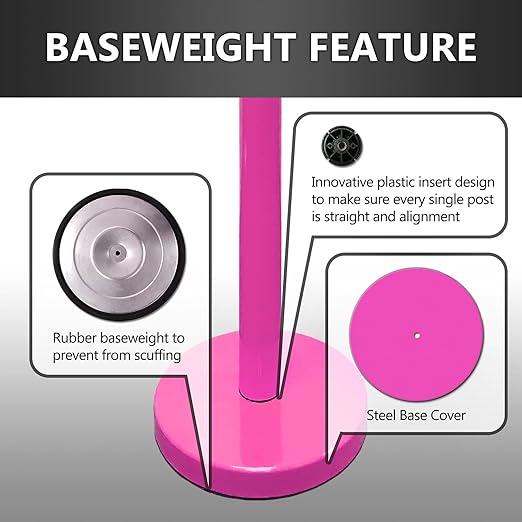 VIP Crowd Control Retractable Belt Stanchion Queue Safety Barrier Set, 36" Ht, 78" Belt (2 M.Pink Posts Black Belt)