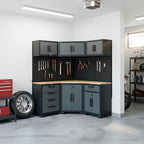 Garage Storage Cabinet System 8-Pcs Garage Cabinets and Storage System Corner Workshop Set with Corner Cabinet, Cabinet Drawers, Workbench, Pegboard for Tool Organization, Black and Grey