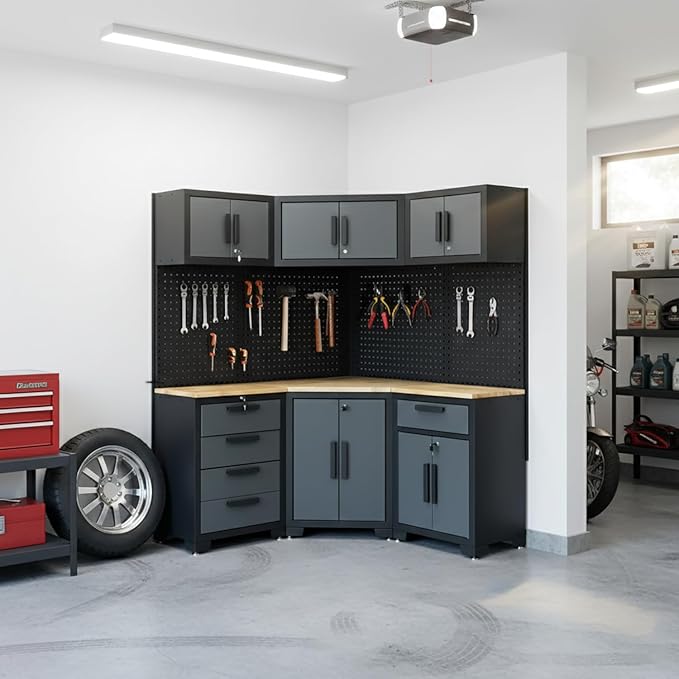 Garage Storage Cabinet System 8-Pcs Garage Cabinets and Storage System Corner Workshop Set with Corner Cabinet, Cabinet Drawers, Workbench, Pegboard for Tool Organization, Black and Grey