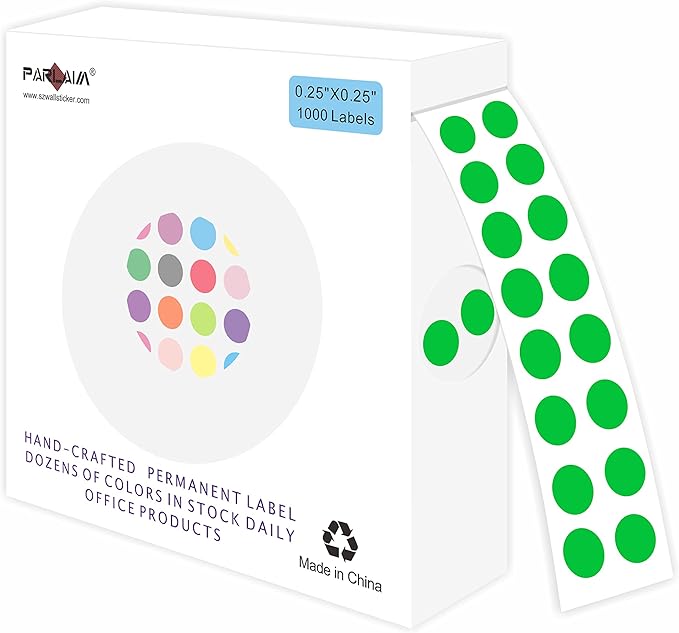 PARLAIM 1/4 Inch Round Permanent Adhesive Color-Code Dot Stickers, 1000 Stickers Roll Dispenser Box Green Circle Labels