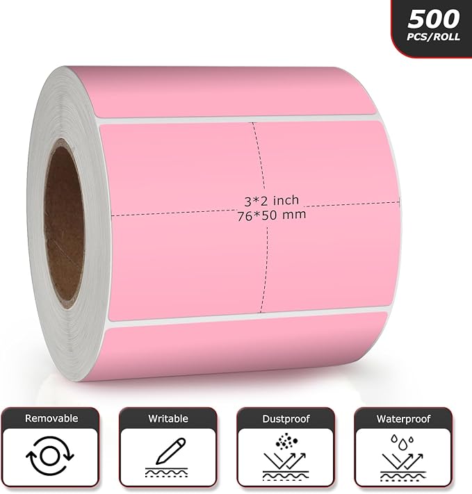 Pink Rectangle Stickers 3 x 2 Inch Color Coding Labels Vinyl Roll Self-Adhesive Waterproof Removable 500 PCS