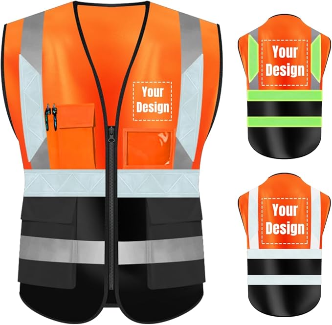 YOWESHOP High Visibility Safety Vest Custom Your Logo Protective Workwear 5 Pockets With Reflective Strips Outdoor Work Vest (4XL, Orange Black Luminous)