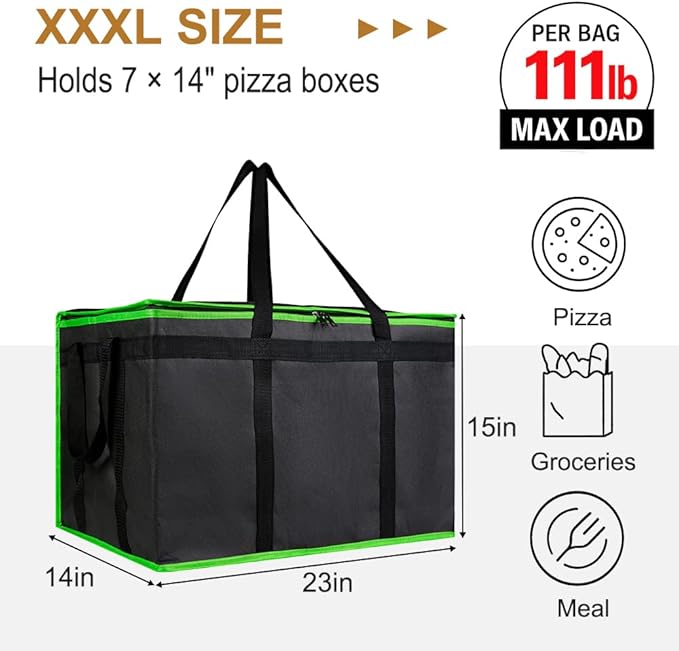 XXXL Insulated Food Delivery Bag - Reusable Thermal Cooler Grocery Bags for Catering&Delivery, Pizza Carrier for Events, Large Capacity Bag Keeps Food Hot/Cold, Commercial (Black with Green Trim, 1PK)