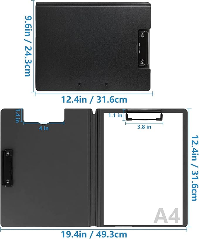 Clipboard Folder, A4 Foldable Clipboards, Office Clipboard Folder with Double Clips Metal Clip, 360 Degree Foldable Storage Clipboards for Office, School or Medical Field, Black