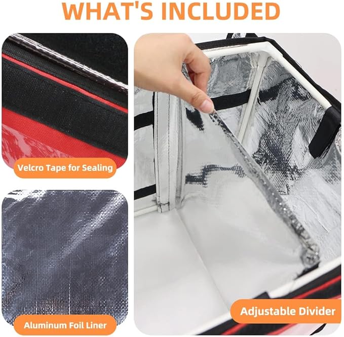 TooCust Red Insulated Bags For Food Delivery 16.5" x 11.4" x 11.8", Commercial Insulated Food Delivery Bag w/Divider, Waterproof & Foldable Catering Bag