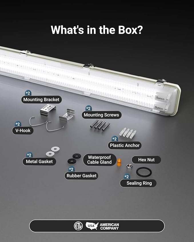 Sunco LED Ready Fixture for Garage Ceiling, 4ft Shop Lights Holds 2 LED Tube Lights, Non-Dimmable, Surface Mount, Works with Type B and Hybrid Tubes, 120-277V, Wet Rated ETL 2 Pack
