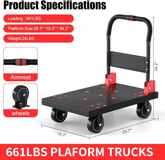 WUD Push Cart, Folding Mobile Platform Trolley,Thickened and Reinforced, 360° Swivel Wheels, 28.7 “L x 19.3 ”W, 661 lb.Black Dolly cart with Wheels