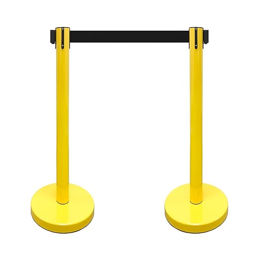 VIP Crowd Control Retractable Belt Stanchion Queue Safety Barrier Set, 36" Ht, 78" Belt (2 YEL Posts Black Belt)