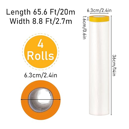 Pre-Taped Masking Film, 4 Rolls 8.8 x 65 Feet Plastic Sheeting, Painters Drop Cloth for Automotive, Furniture, and Appliance Protection