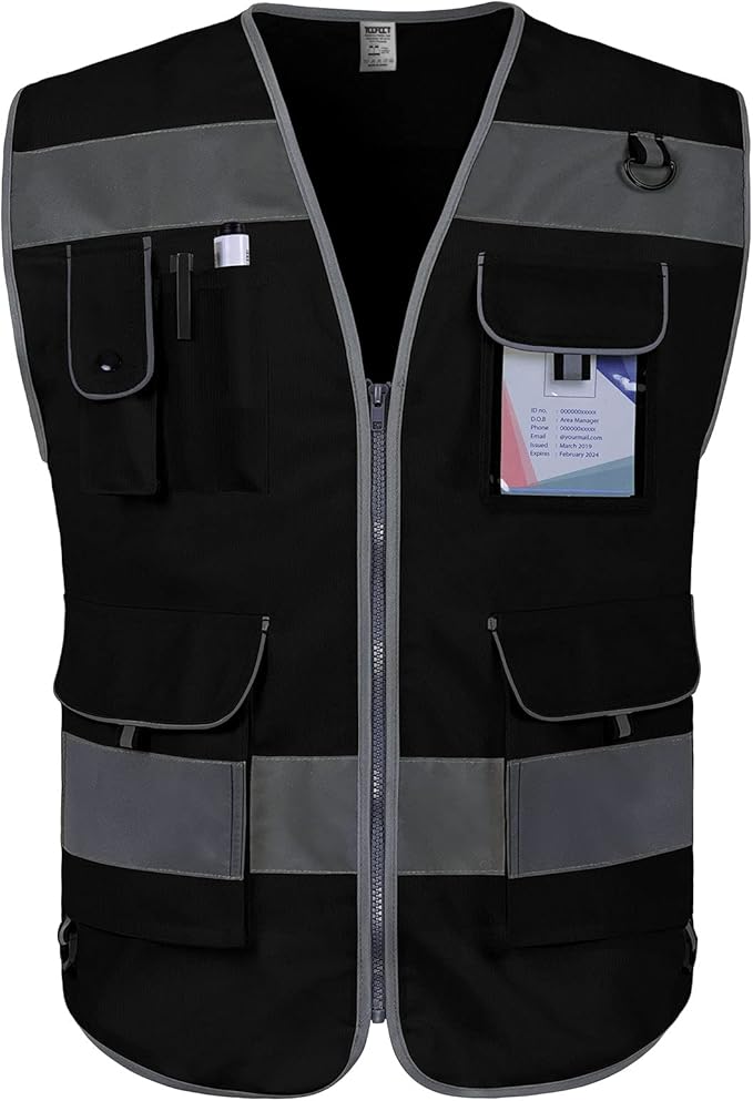 TCCFCCT Safety Vest for Men Women, 9 Pockets High Visibility Reflective Vest for Safety, Work Vest with Reflective Strips, Meets ANSI/ISEA Standards, (Black, X-Large)