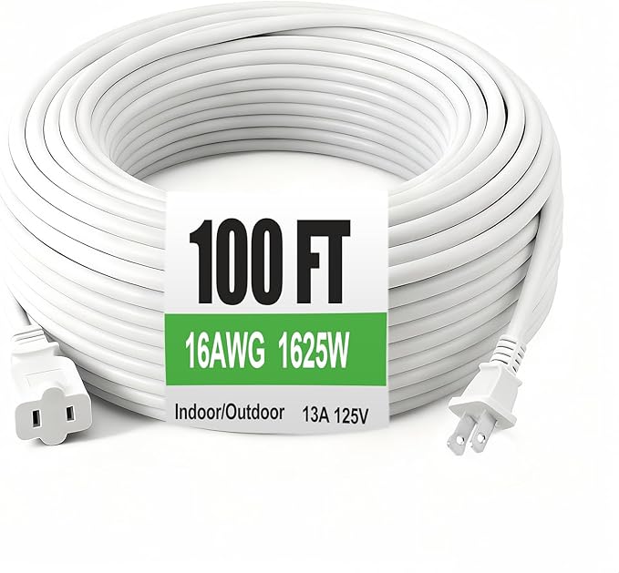 White Waterproof Extension Cord 100ft, 13A 1625W 16AWG ETL-Certified for Outdoor Use, Garden/Heavy Duty Tool Power
