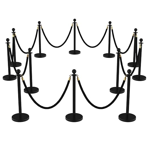 12Pcs Stanchions and Velvet Ropes, Black Stanchions with Retractable Belts, Crowd Control Barriers with Hollow Base, Red Carpet Ropes and Posts for Event & Party Supplies