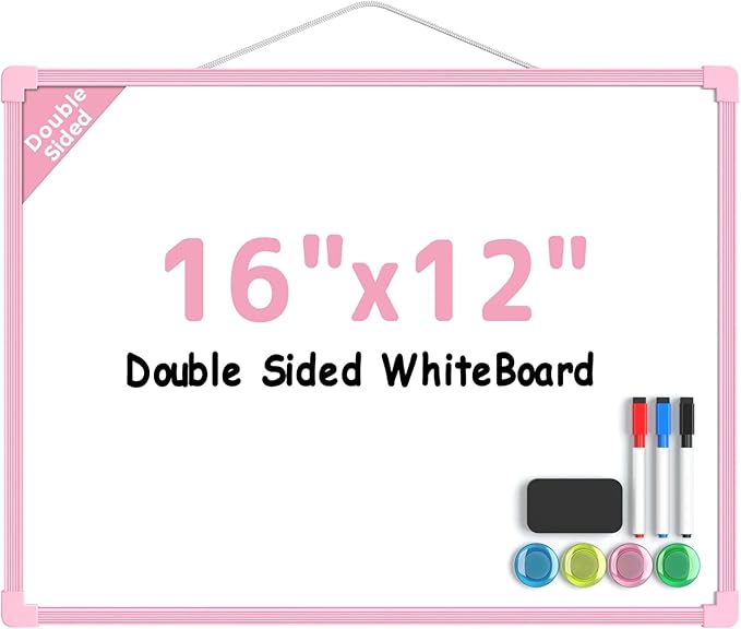 MaxGear Double-Sided Dry Erase Board for Wall, 16"x12" Hanging Whiteboard, Small Dry Erase White Board kit, Portable Whiteboard for Planning, Drawing, Memo, to Do List, Pink Frame