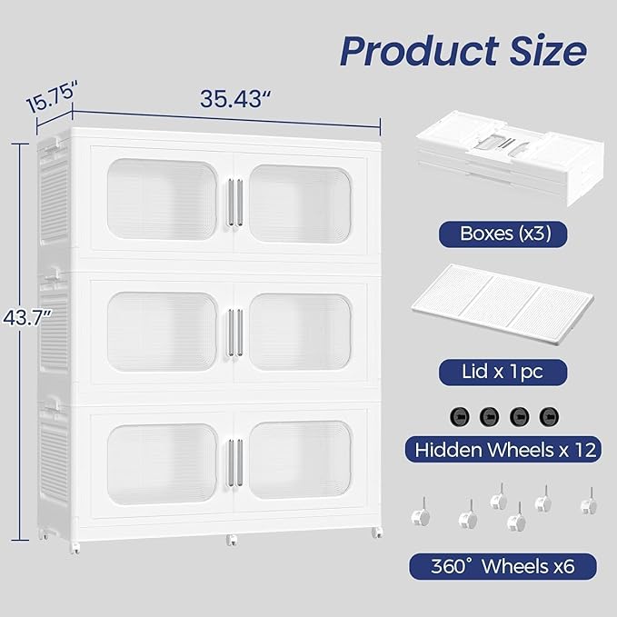 600QT Large Stackable Storage Bins with Lid, 150Gal Plastic Collapsible Closet Organizers Drawers Box with Wheels, Folding Cabinet Containers with Doors for Home Kitchen Office, 3Pack White