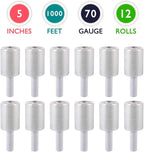 12 Packs of 5 inch x 1000 ft Stretch Wrap Film with Handle 70 Gauge Extra Thick Clear Mini Hand Stretch Wrap Rolls, Clear