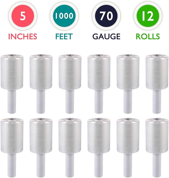 12 Packs of 5 inch x 1000 ft Stretch Wrap Film with Handle 70 Gauge Extra Thick Clear Mini Hand Stretch Wrap Rolls, Clear