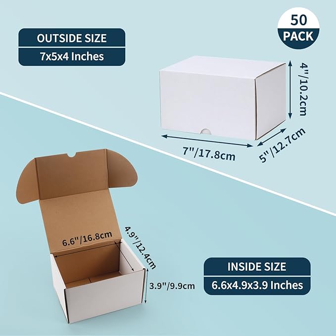 WIFTREY 50 Pack 7x5x4 Shipping Boxes for Small Business Packing, White Corrugated Cardboard Mailer Boxes for Shipping Mailing
