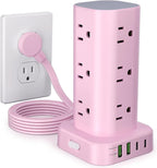 Power Strip Tower with Multiple Outlets, Flat Plug Surge Protector Tower Extension Cord with 12 AC Outlets 4 USB Ports (2 USB C), 6FT Cord Power Tower Surge Protector for Home Office Dorm Room, Pink