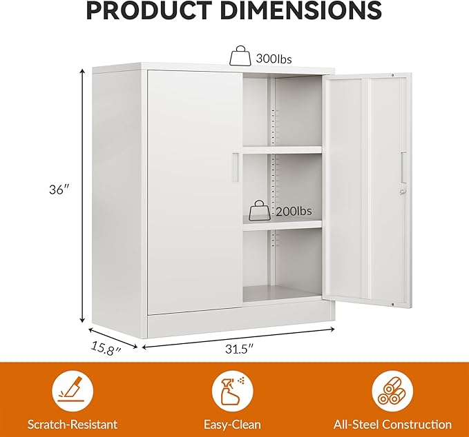 BESFUR Metal Storage Cabinet 36"H, Steel Garage Storage Cabinet with 2 Lockable Doors and 2 Adjustable Shelves, Garage Cabinet for Home Office, Garage,School, Apartment, Warehouse, Utility Room,White